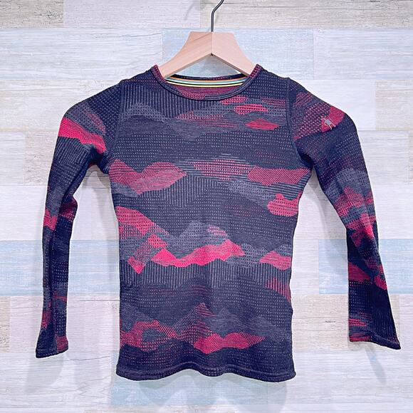 SMARTWOOL Classic Thermal Merino 250 Base Layer Crew Black Red Camo Boys Small - Picture 1 of 8